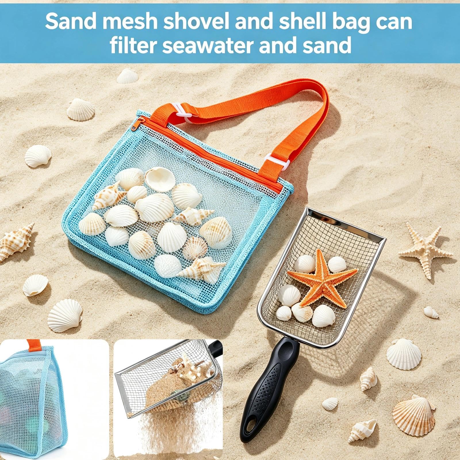 Beach Mesh Shovel with Mesh Beach Bag for Shells Collecting and Filter Sand
