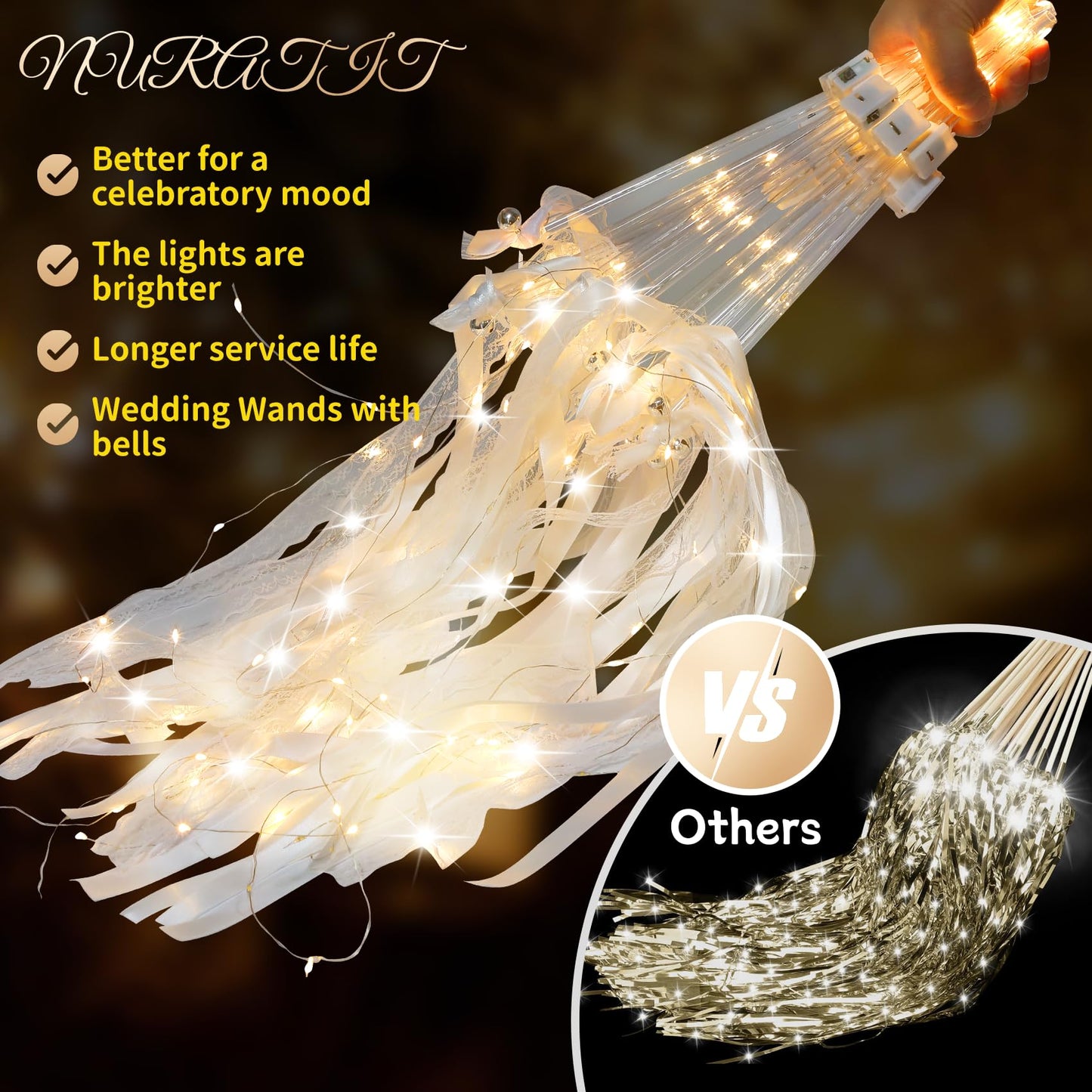 50 PCS Wedding Wands with Ribbons & Bells, Romantic Sparkle with Three Light Modes, Light up Wands for Wedding Send off, New Year, Birthday Party