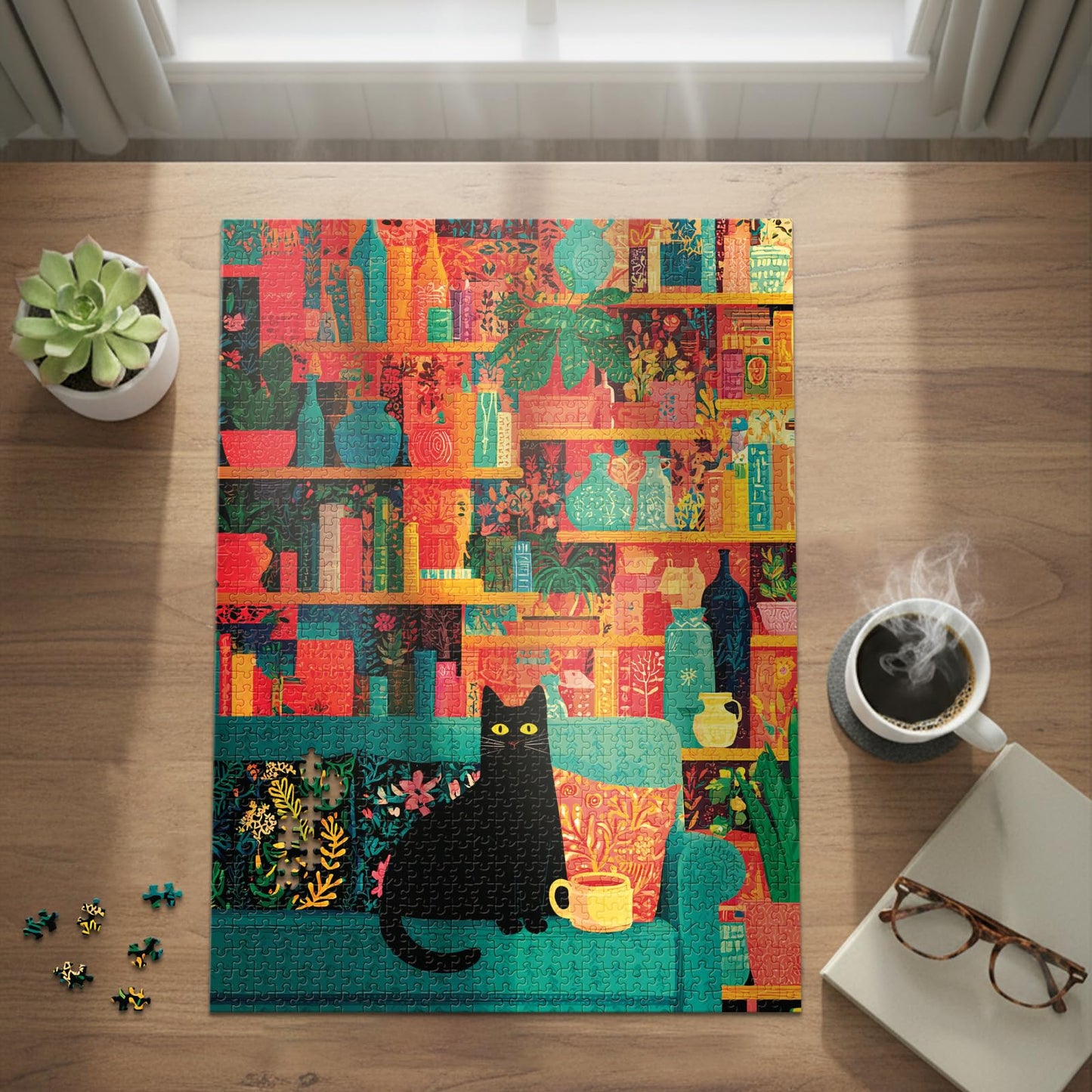 Coffee Cat Library (No. 12) - 1000 Piece Animal Jigsaw Puzzle for Adults | Printed in USA | Satin Low-Glare Finish | Random Ribbon Cut | Bonus Poster