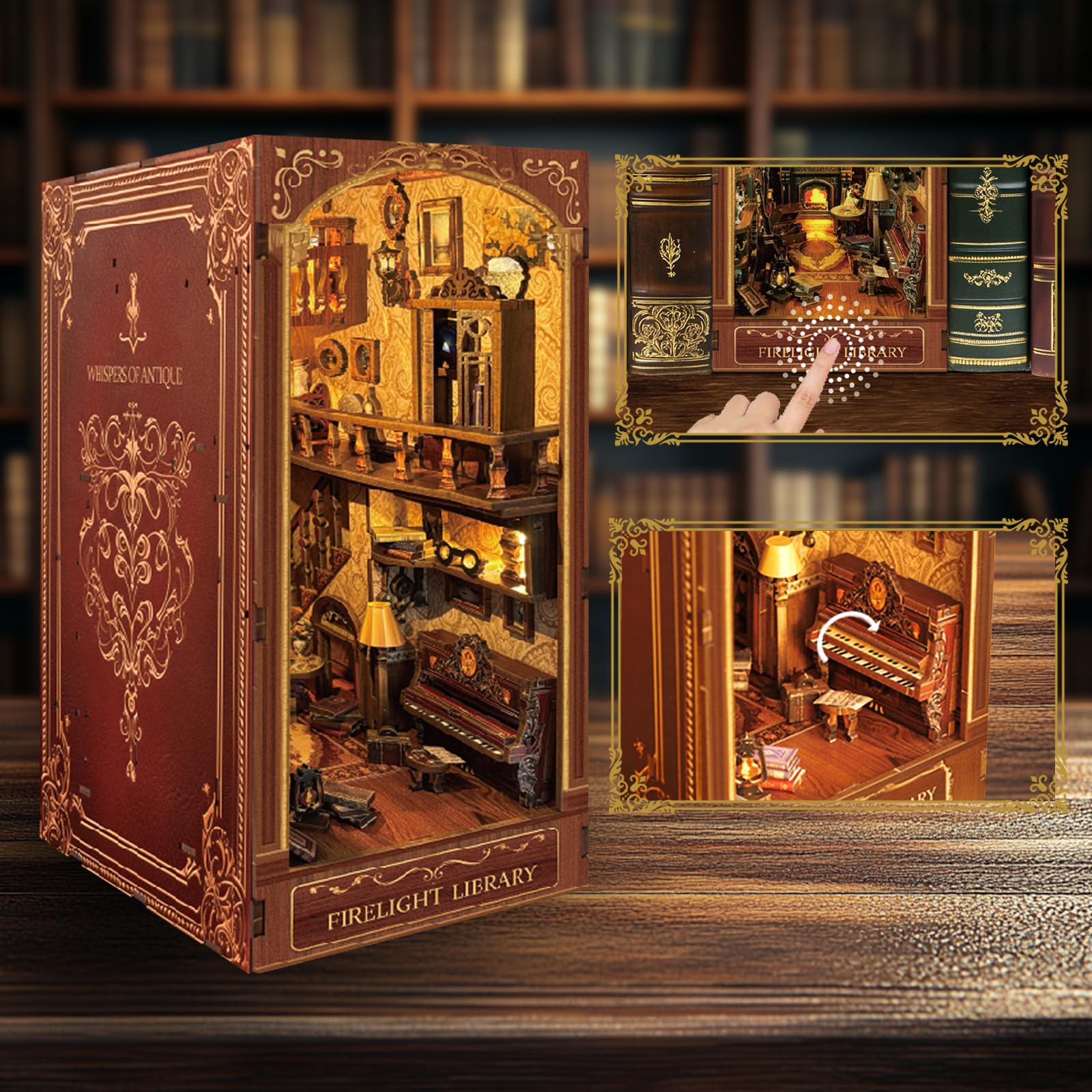Firelight Library Book Nook, DIY Miniature House Puzzle for Magical Home Decor, 3D Bookshelf Decor for Adults and Beginners