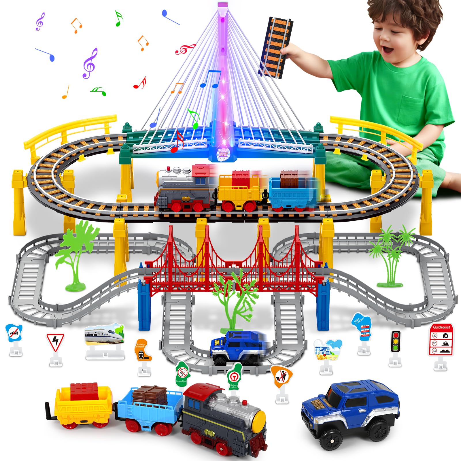 Electric Train Set for Kids Ages 4-8 with Train Tracks Set & Car Tracks Lights Up Bridge Road Sign Realistic Sound Train Track Accessories Playset Boy