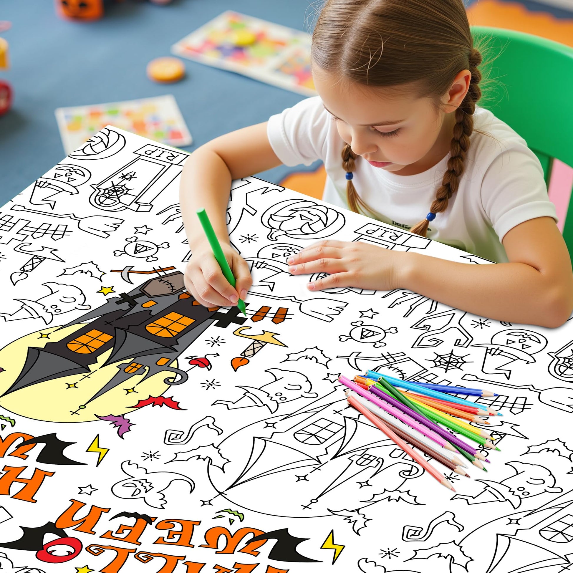 Labeol 2 Pack Halloween Tablecloth, 108"x 54" Halloween Coloring Tablecloth for Kids, Pumpkin Ghost Bat Castle Coloring Table Cover for Winter Party