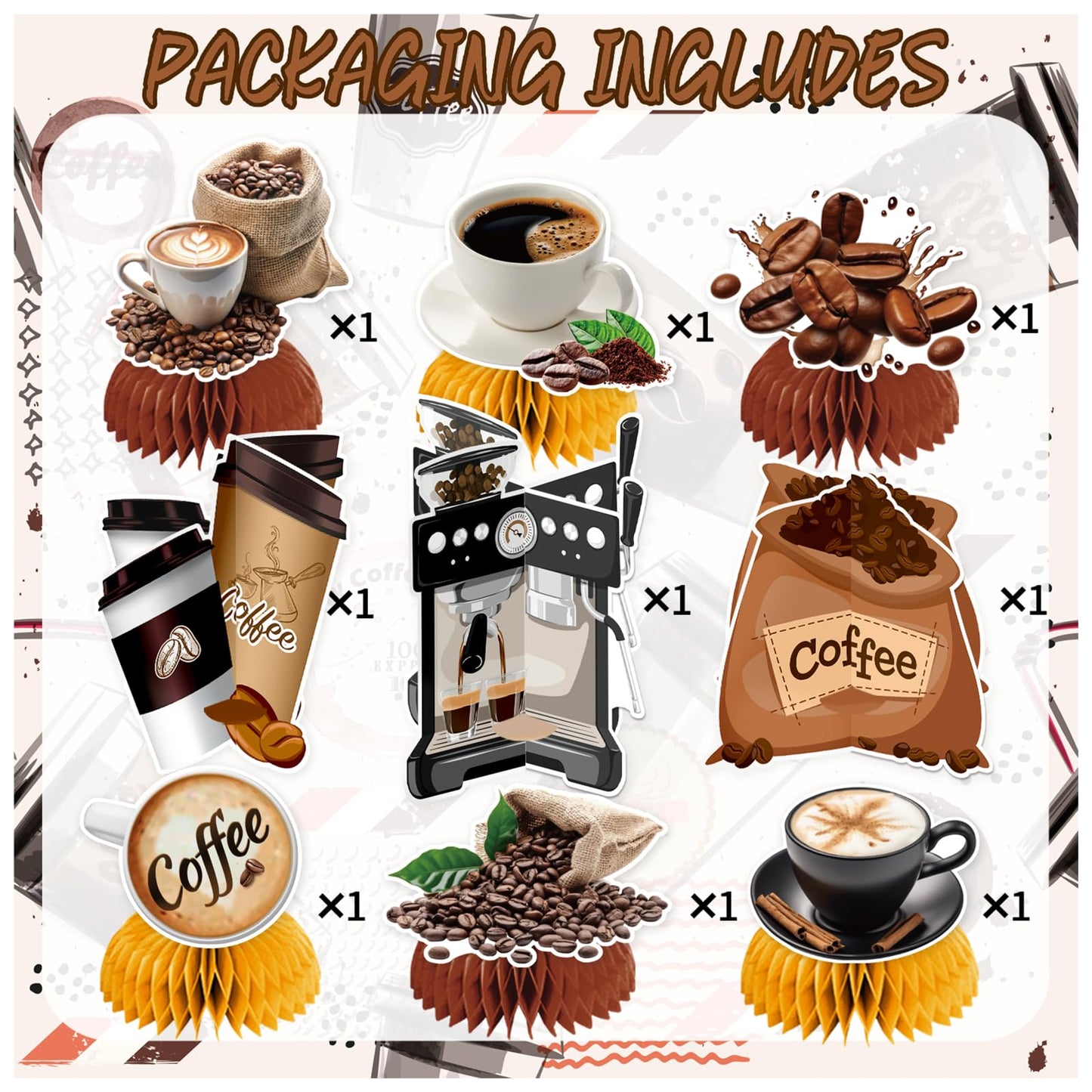 9 PCS Coffee Honeycomb Centerpieces Coffee Table Decorations Table Topper for Coffee Party Decorations Coffeehouse Birthday Party Supplies