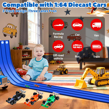 3-Lane Flexible Race Track for Kids with Suction Cups, Race Car Ramp Track & 15ft Race Car Track Compatible 1:64 Diecast Cars,Portable Roll Up Track