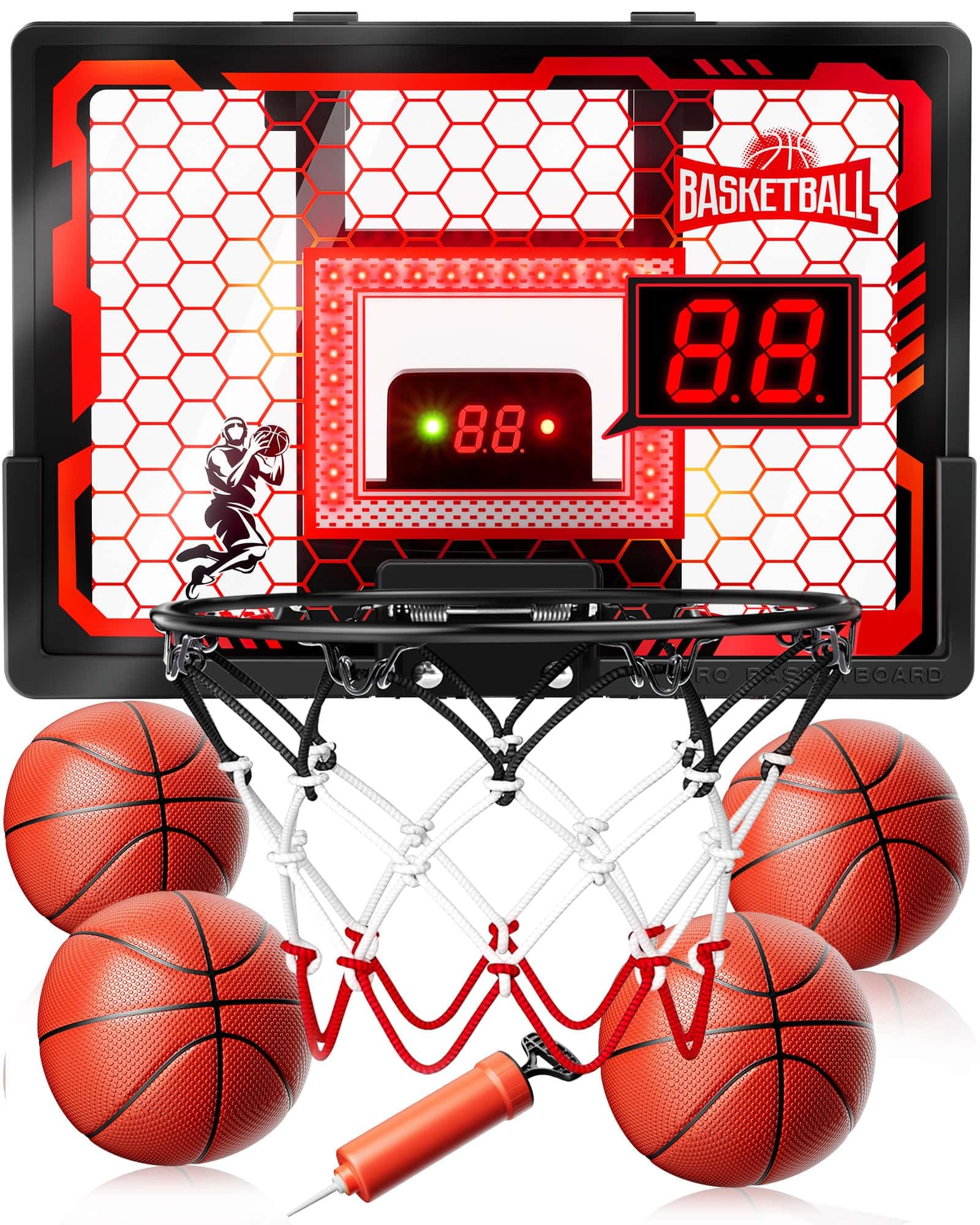 Indoor Basketball Hoop Pro for Kids, Over The Door Basketball Hoop with LED Light/Scoreboard/4 Balls- Upgraded Anti-Impact Backboard, Basketball Toys