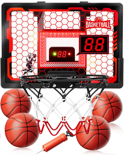 Indoor Basketball Hoop Pro for Kids, Over The Door Basketball Hoop with LED Light/Scoreboard/4 Balls- Upgraded Anti-Impact Backboard, Basketball Toys