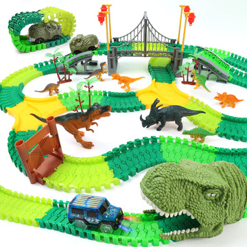 IQKidz Dinosaur World Race Track Toys - 216pcs Flexible Track Playset with 1 Dinosaur Car, 1 Race Car, 6 Dino Toys, for Kids 3 4 5 6 Year & Up Old