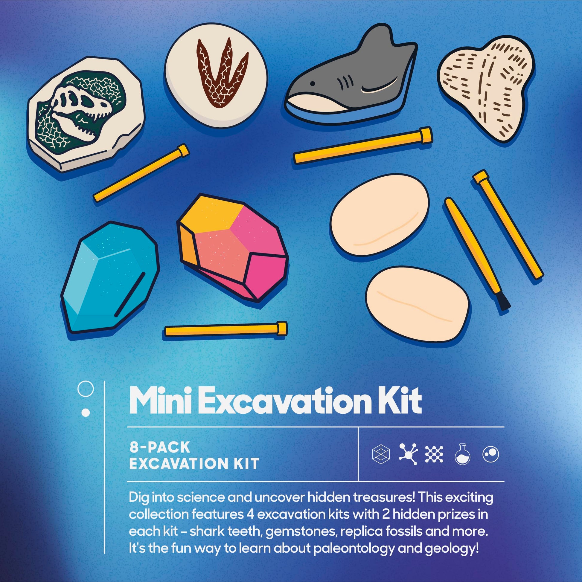 Discovery Mini Excavation Kit 8-Pack, STEM Science Dig Kit with 16 Hidden Discoveries, Genuine Gemstones, Shark Teeth, Dinosaur Fossils & Glow