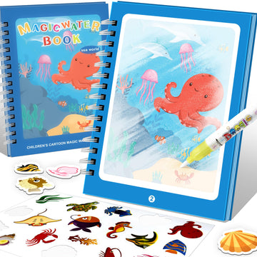 Reusable Paint With Water Books for Kids with 18+ Stickers & No Mess Pen, Sea World Theme Magic Coloring Book for Toddlers 1-3, Paint With Water Books