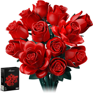 Red Roses Flower Bouquet Building Set, Artificial Flowers Botanical Collection Kit for Adults Women & Men - Gift for Mothers Day, Home Room Office