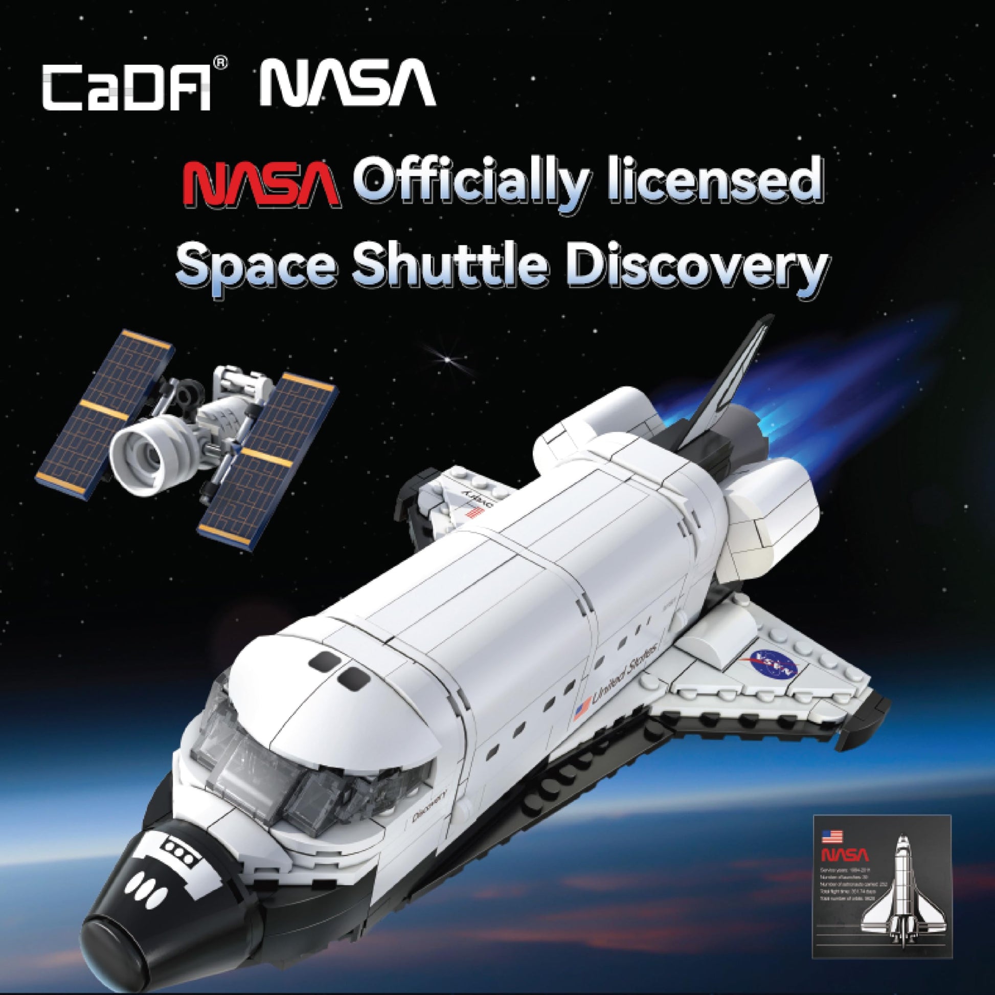 CADA Bricks - NASA Space Shuttle Discovery Building Set with Satellite & Display Stand, 475 Pieces, NASA Shuttle Model Kit, Compatible with Major