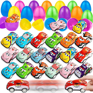 24 Pack Prefilled Easter Eggs Pull Back Cars,Mini Easter Race Cars for Kids Toddlers Egg Hunt Basket Stuffers Filler Surprise Egg Party Favor