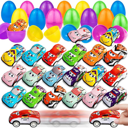 24 Pack Prefilled Easter Eggs Pull Back Cars,Mini Easter Race Cars for Kids Toddlers Egg Hunt Basket Stuffers Filler Surprise Egg Party Favor