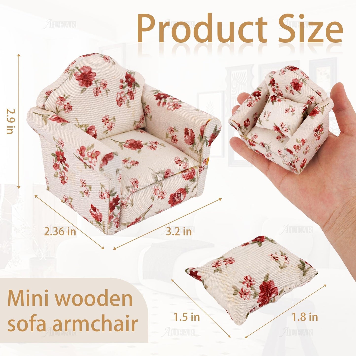 AUEAR, 1:12 Mini Wooden Sofa Arm Chair Furniture for Living Room