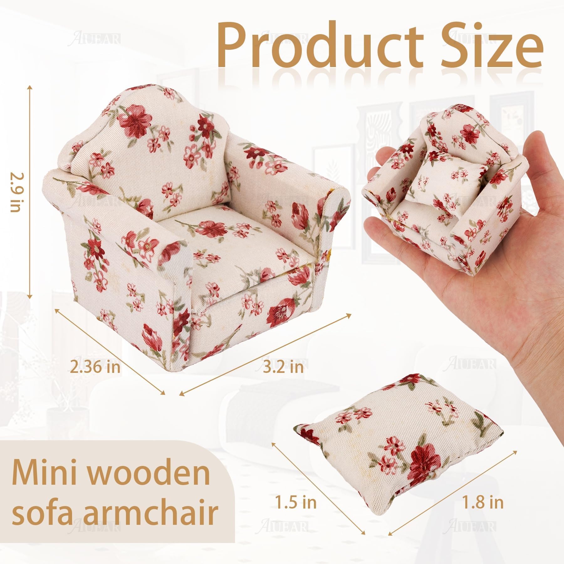 AUEAR, 1:12 Mini Wooden Sofa Arm Chair Furniture for Living Room