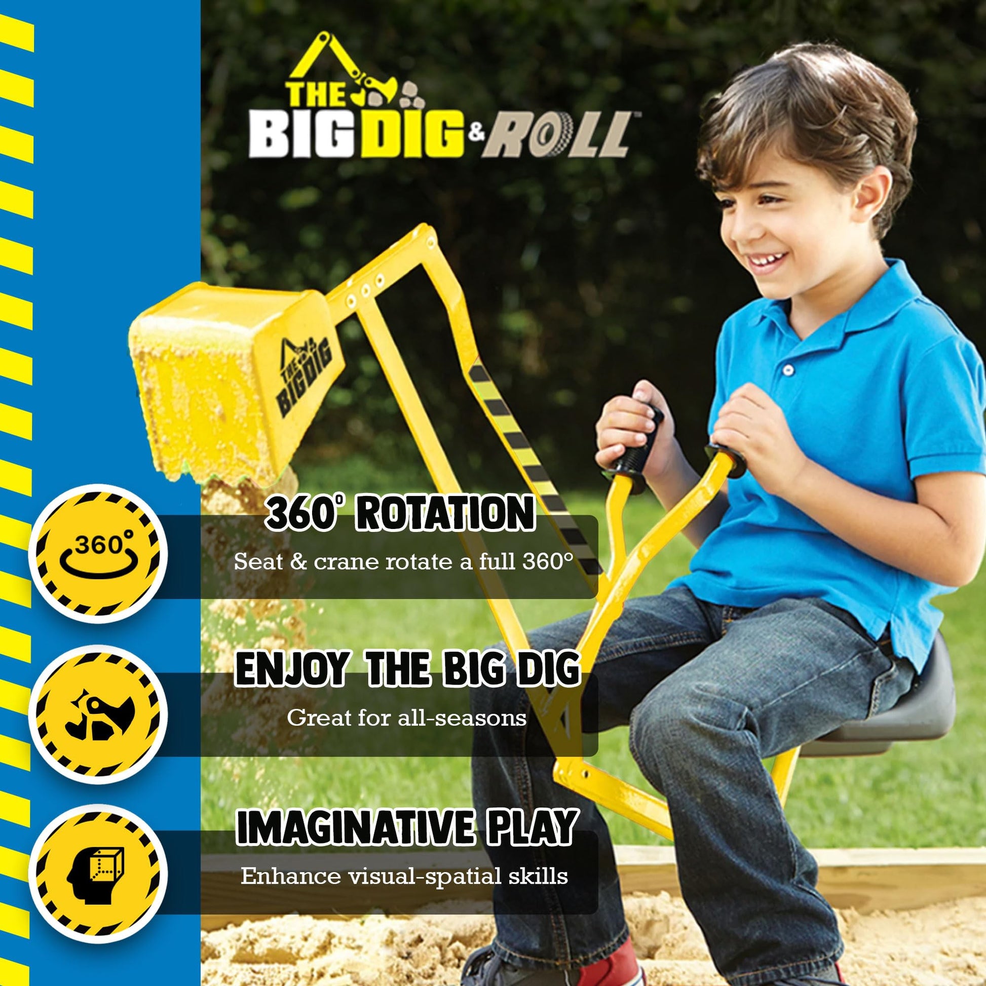 Big Dig Toy Excavator Ride, Sand Digger w/ 360 Rotation Base for Kids Ages 3 & Up, Yellow - Outdoor Playground and Beach Construction Riding Toys