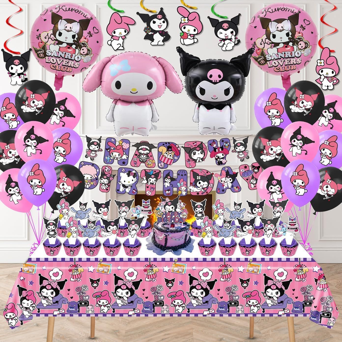 HANISNA 52PCS Kuromi Birthday Party Supplies, Party Decorations Set Include Banner, Balloons, Hanging Swirls, Cake Cupcake Toppers, Tablecloth