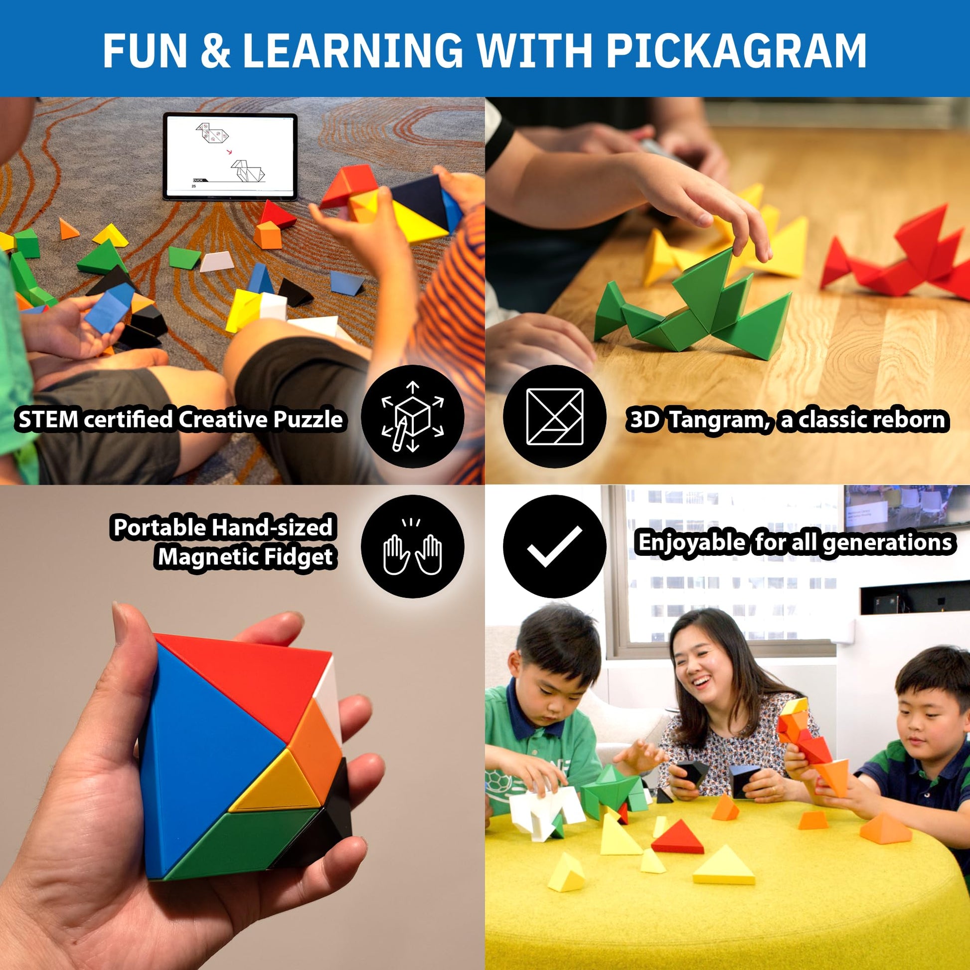 Pickagram Tangram 3D Magnetic Puzzle for Kids (8-12), Adults & Seniors | STEM Certified Fidget Puzzle - Magnetic Pattern Blocks for Cognitive
