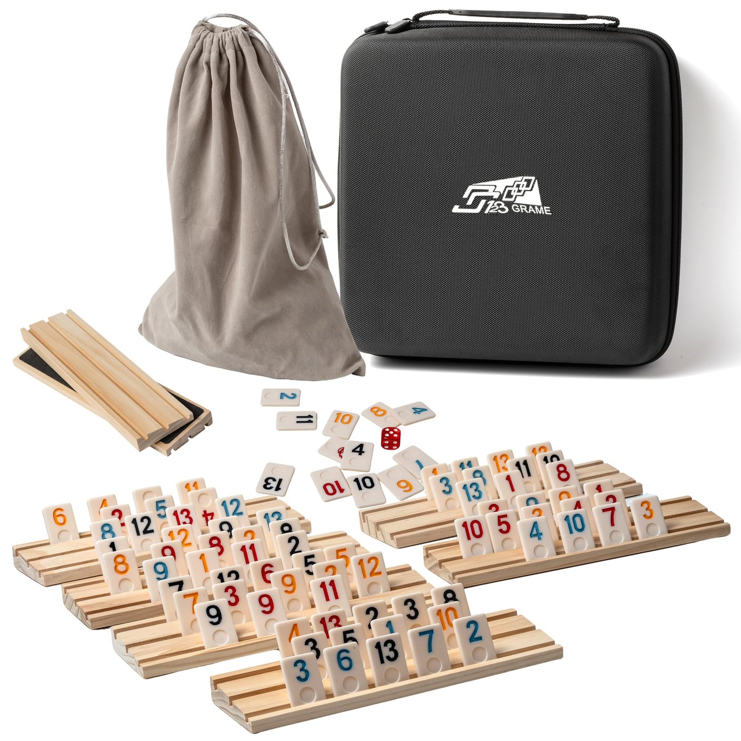 AEEMISEI 6-8 Players Rummy Cube Game with 8 Wooden Card Stands, 214 Colorful Rummy Cards, Exquisite Portable Box and Velvet Bag, Suitable for Family