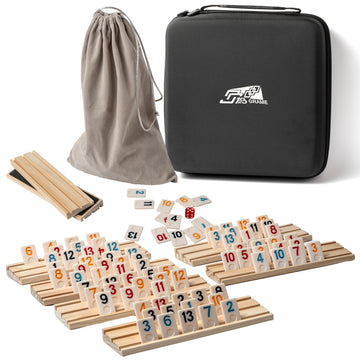 AEEMISEI 6-8 Players Rummy Cube Game with 8 Wooden Card Stands, 214 Colorful Rummy Cards, Exquisite Portable Box and Velvet Bag, Suitable for Family