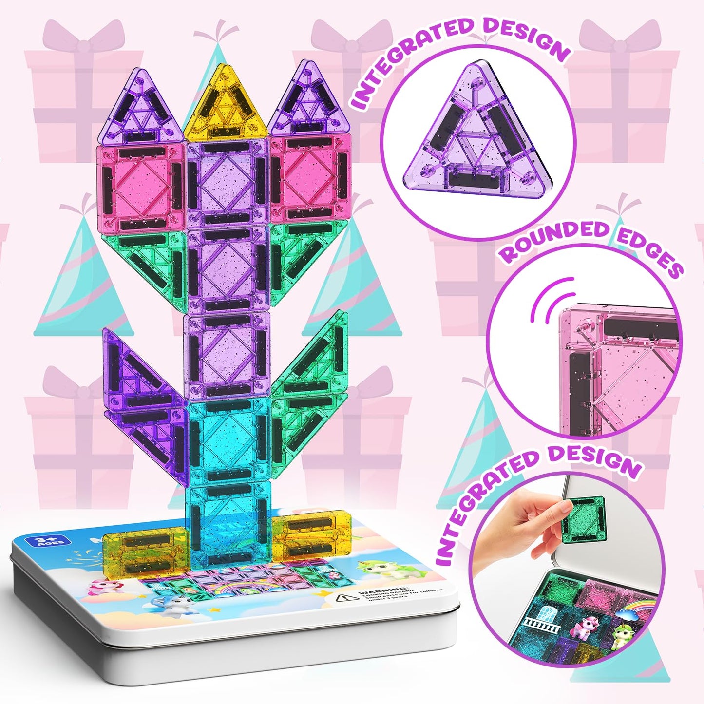 LAYVIC 60PCS Mini Magnetic Tiles Unicorn Toys for Girls Age 4-6, Travel Toys Magnet Tiles Magnetic Blocks, STEM Building Toys for Kids Ages 3 4 5 6 7