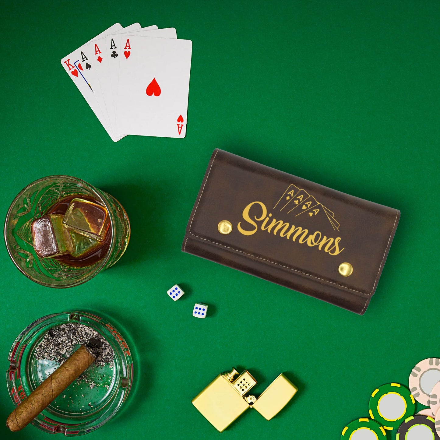 The Wedding Party Store Custom Personalized Playing Card and Dice Gift Box Set - 2 Decks and 5 Dice Inside Case Holder (Rawhide with Gold)