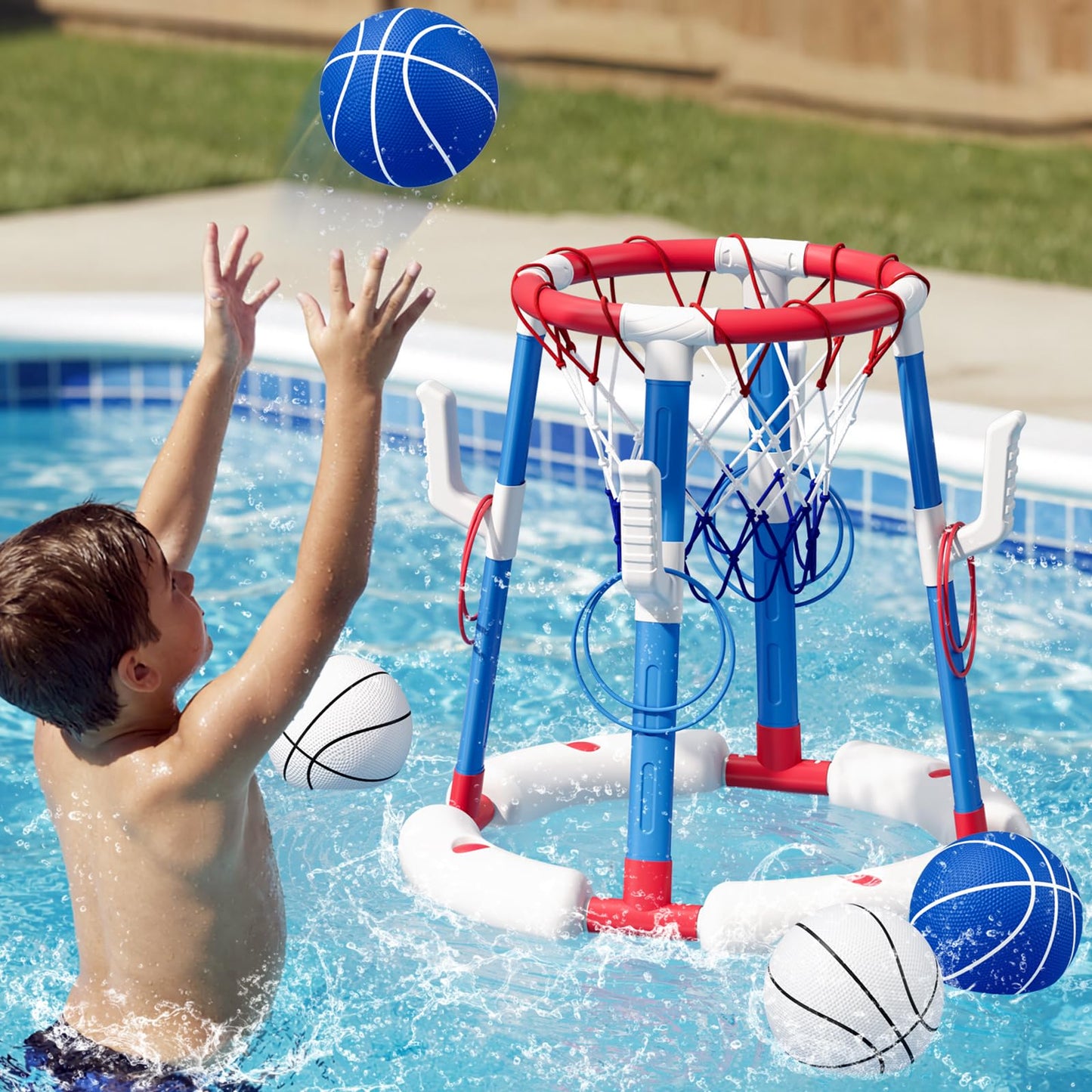 2-in-1 Pool Basketball Hoop & Ring Toss Game, Floating Pool Toys for Kids