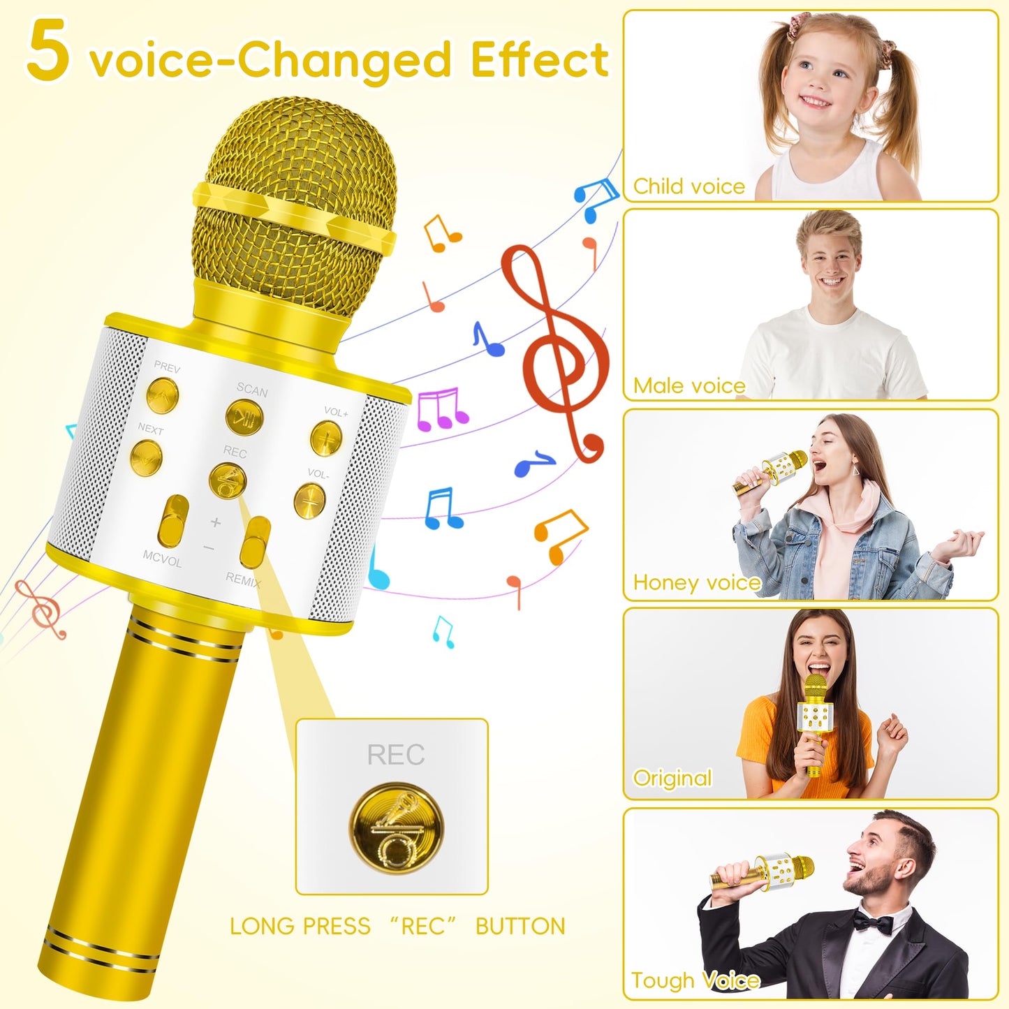KIDWILL Wireless Bluetooth Karaoke Microphone for Kids, 5-in-1 Portable Handheld Karaoke Mic Speaker Player Recorder with Adjustable Remix FM Radio