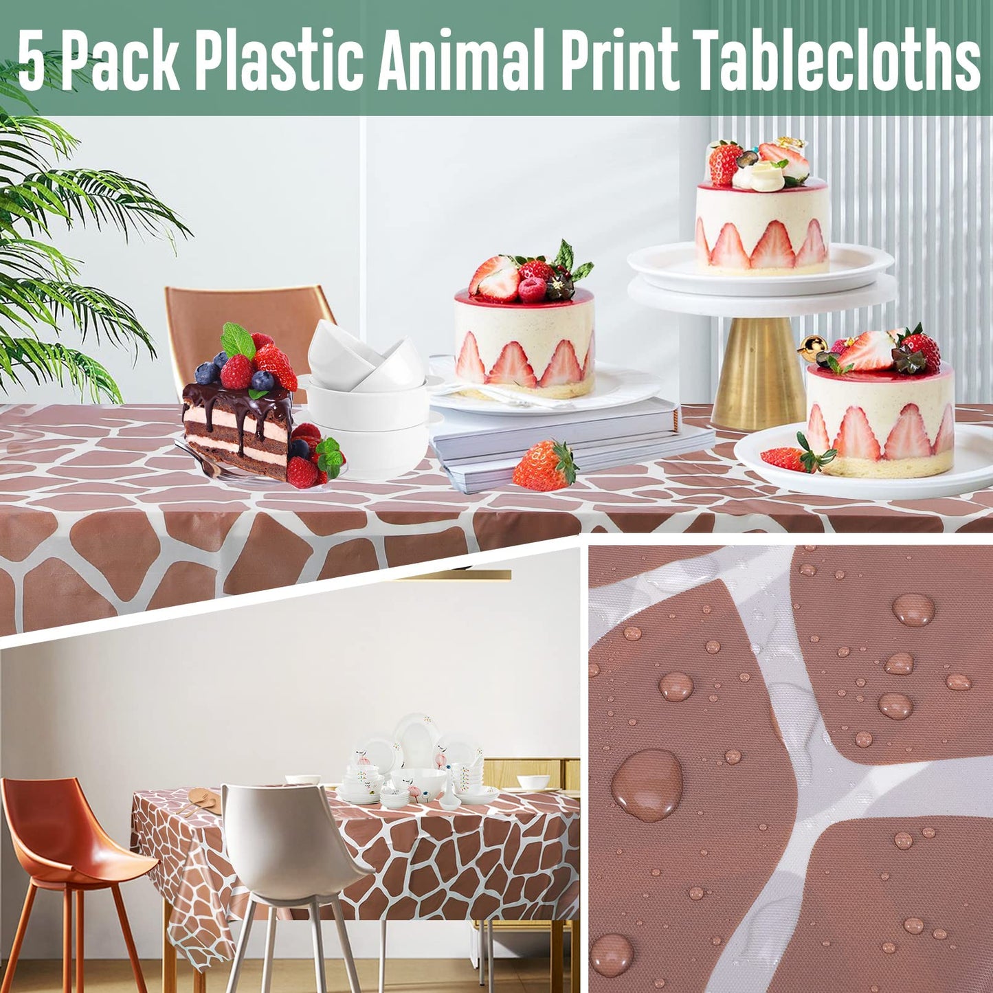5 Pack Animal Safari Tablecloth,Zoo Print Table Cover,Jungle Animal Theme Leopard Tiger Zebra Giraffe Palm Leaf Print Tablecloth Party Supplies