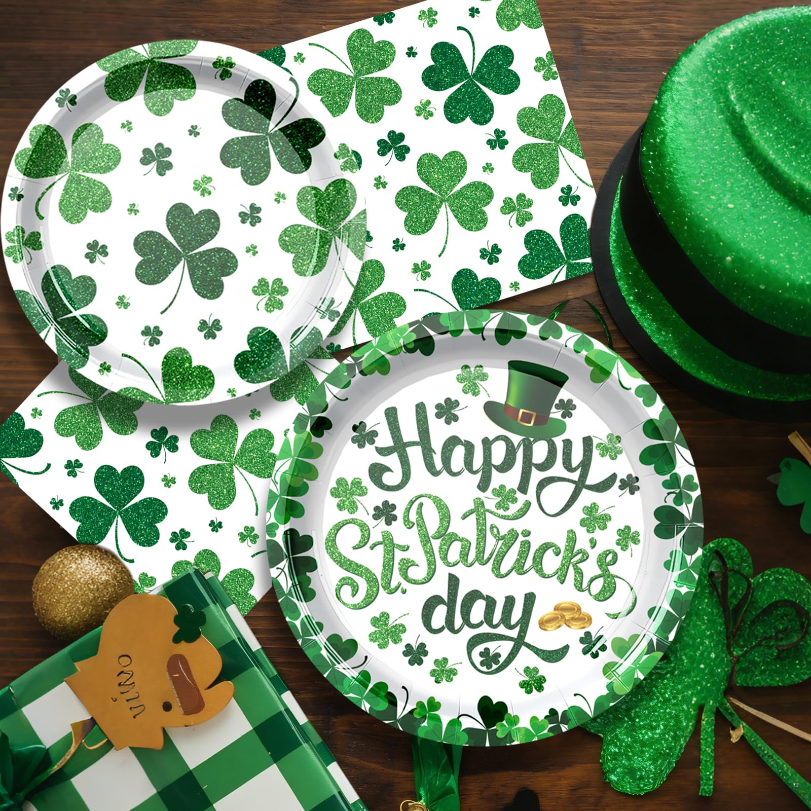 QDIRDEC St. Patrick's Day Paltes and Napkins Green Shamrocks Disposable Plates and Napkins for St Patrick's Day Green Irish Party Decorations, Serve