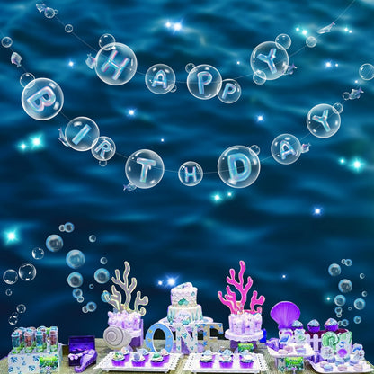 Cheerland Ocean Happy Birthday Banner Under the Sea Bubble Party Decorations Mermaid Birthday Decoartion for Kids Hanging Banner Underwater Garlands