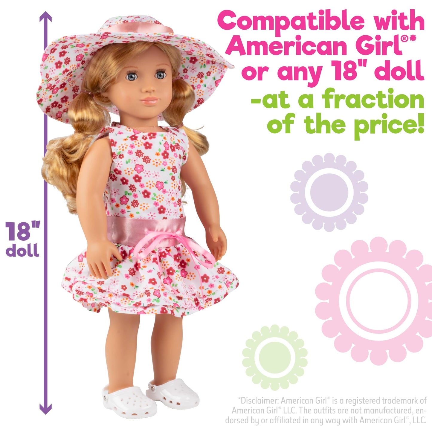 Summer Fun Flower Dress Doll Outfit (4 Pc Set)- Includes Sun Dress, Hat, & Clog Sandals- Handmade, Premium Outfit & Accessories- Compatible with 18"