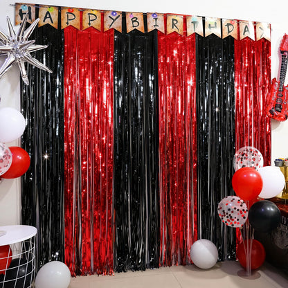 Black Red Party Streamers Backdrop, 2 Pack Black Red Fringe Curtains Tinsel Photo Streamers for Stranger/Friday Party/Halloween Party Decorations