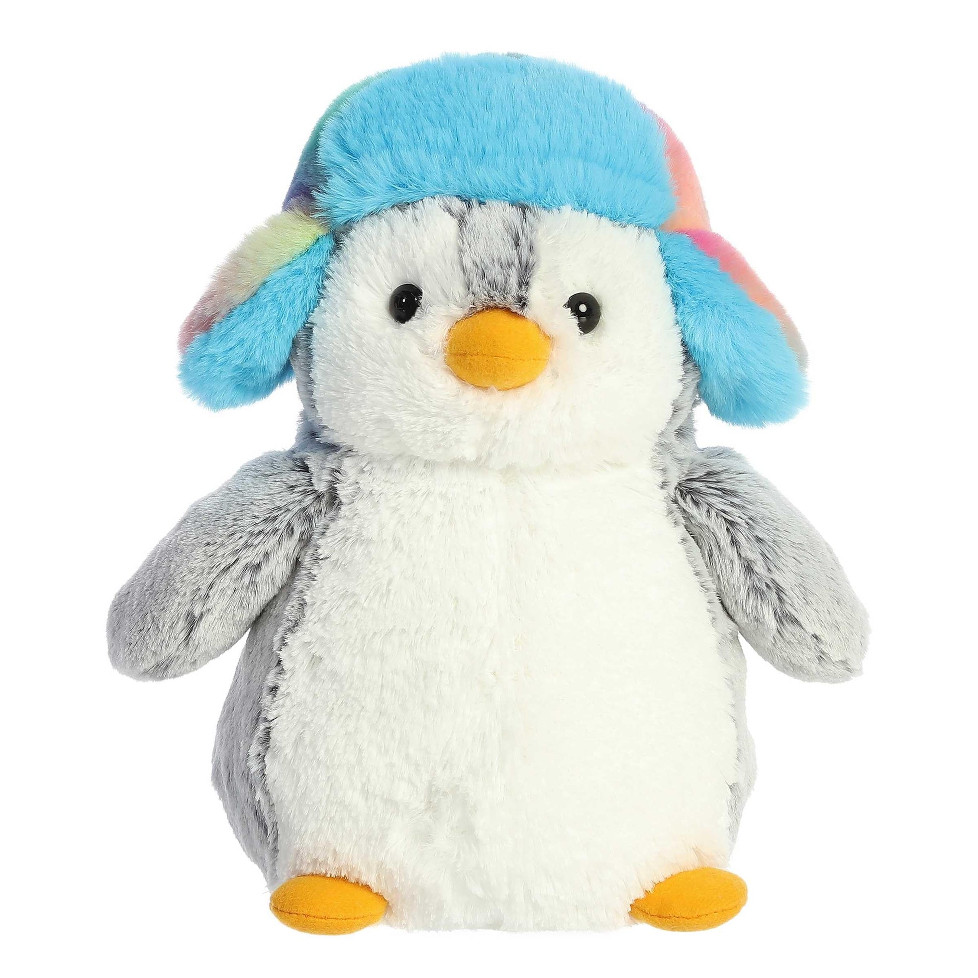 Aurora Festive Pompom Penguin Pom Pom Rainbow Trapper Stuffed Animal - Vibrant Companions - Endless Fun - Gray 9 Inches