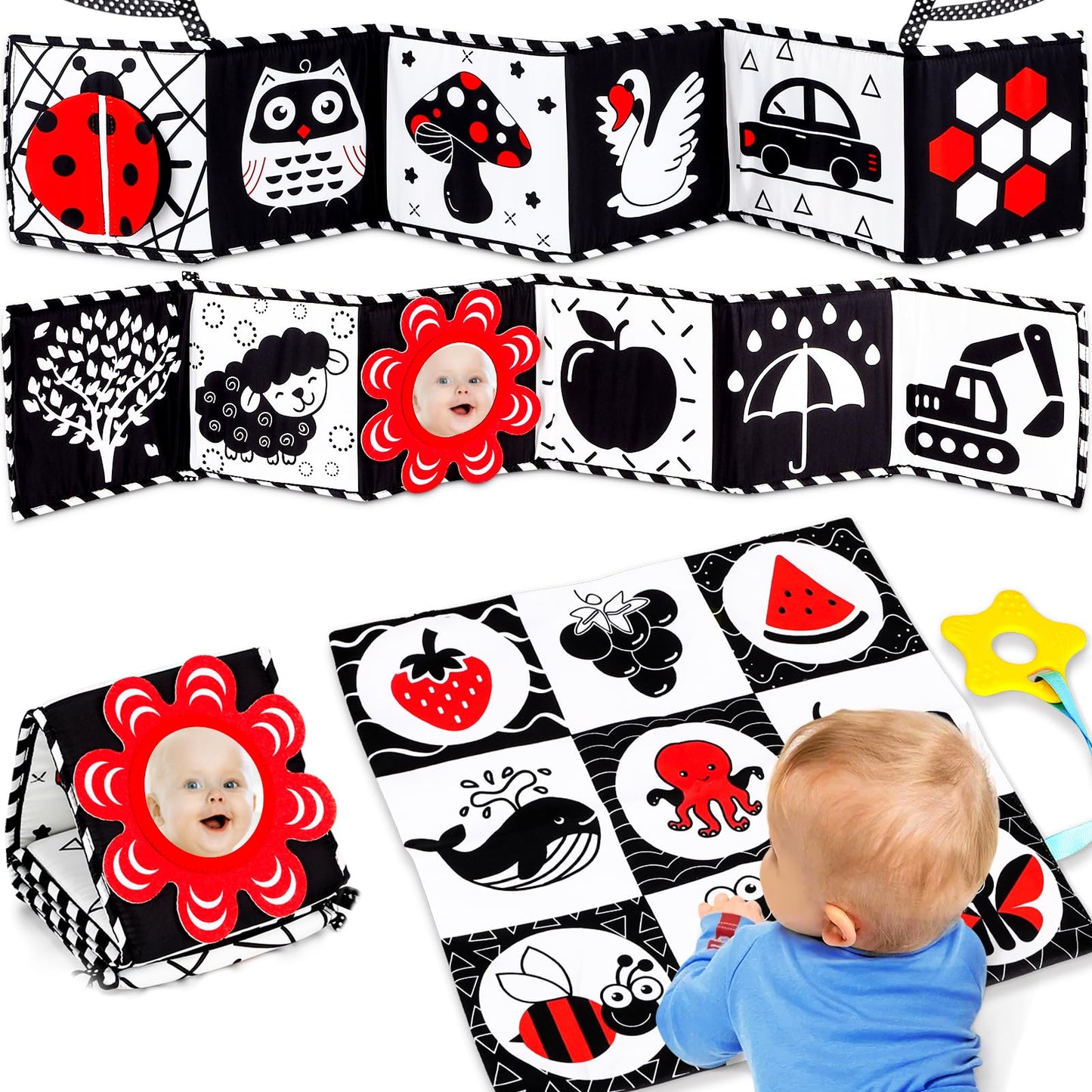 High Contrast Baby Toys for Newborn Infant 0-6 Months Montessori Tummy Time Black and White Sensory Crinkle Toys 0-3 3-6 Months Soft Books Carseat