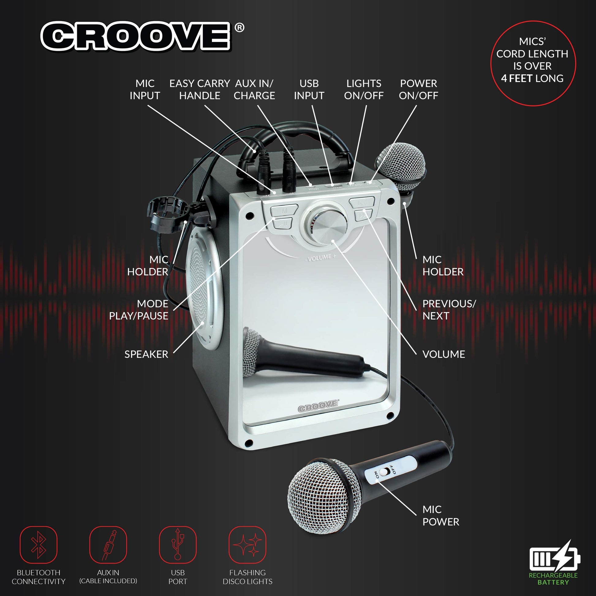 Croove Rechargeable Karaoke Machine For Kids - Incl. 2 Microphones with Flashing Disco Lights, Bluetooth, AUX & USB Ports Singing Machine for