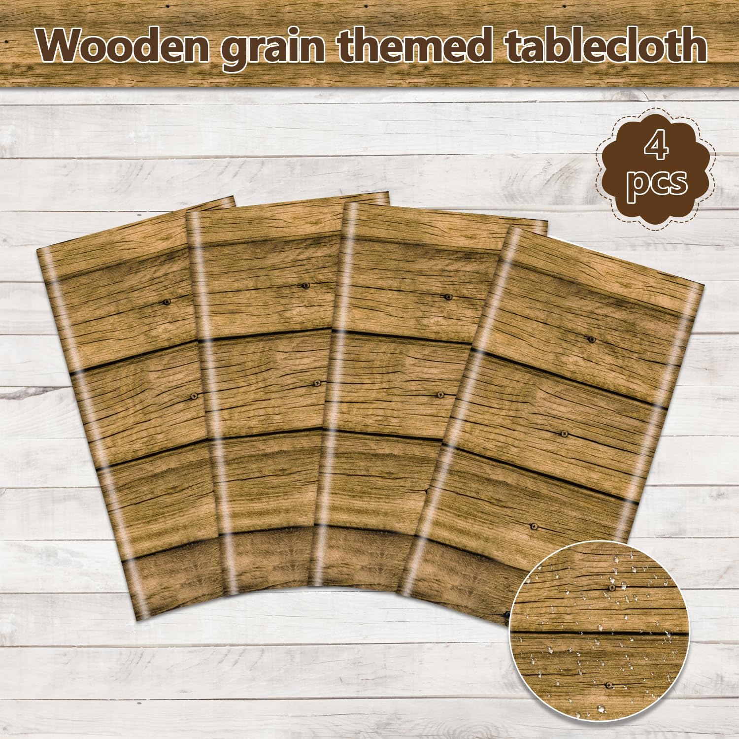 PTECDROTS 4Pcs Wood Tablecloth, Brown Rustic Table Covers, Rectangular Table Decoration for Rustic, Western Barn Themed Birthday Barbecue Party
