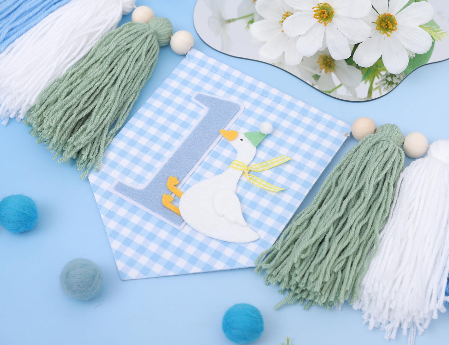 One Funny Goose High Chair Banner for Boys - Goose Theme 1st Birthday Decorations, Blue Gingham Style 1st Birthday Yarn Tassel Banner, Boys First