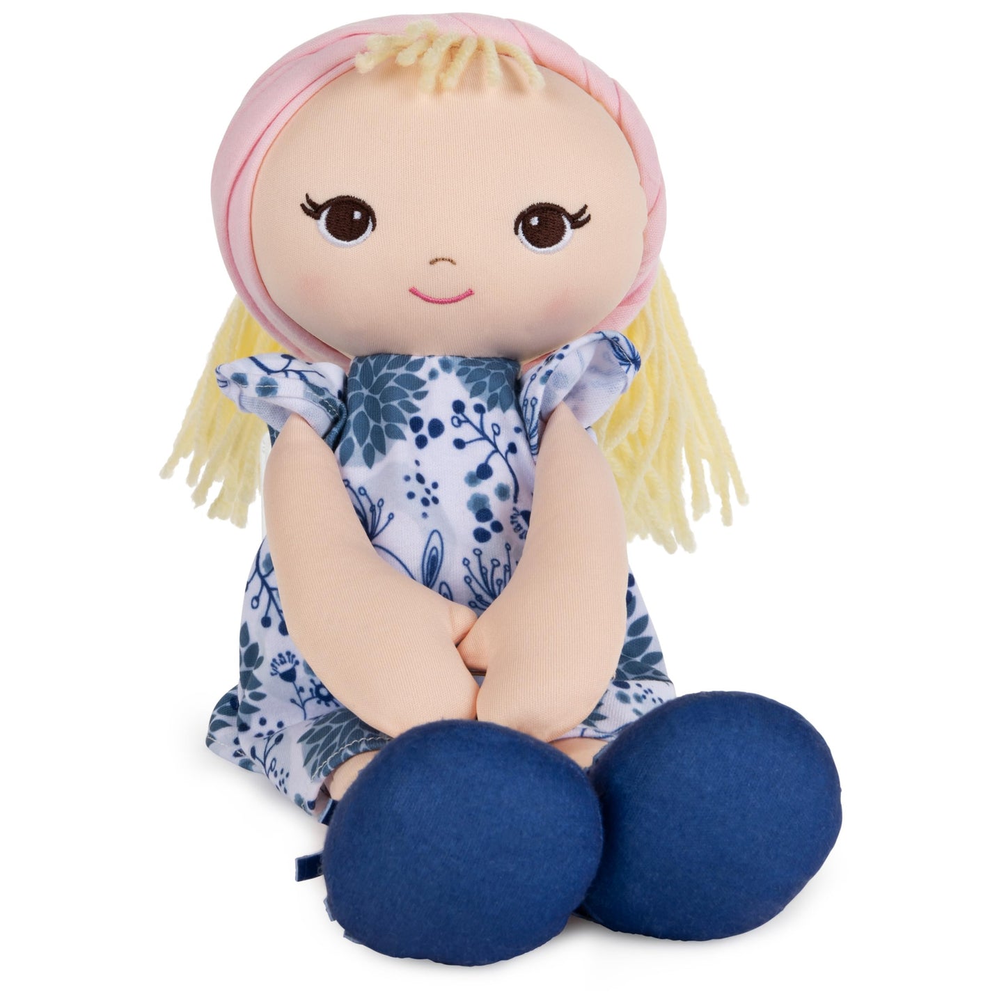 GUND Baby Toddler Doll Plush Blonde, Blue Floral Dress, 8"