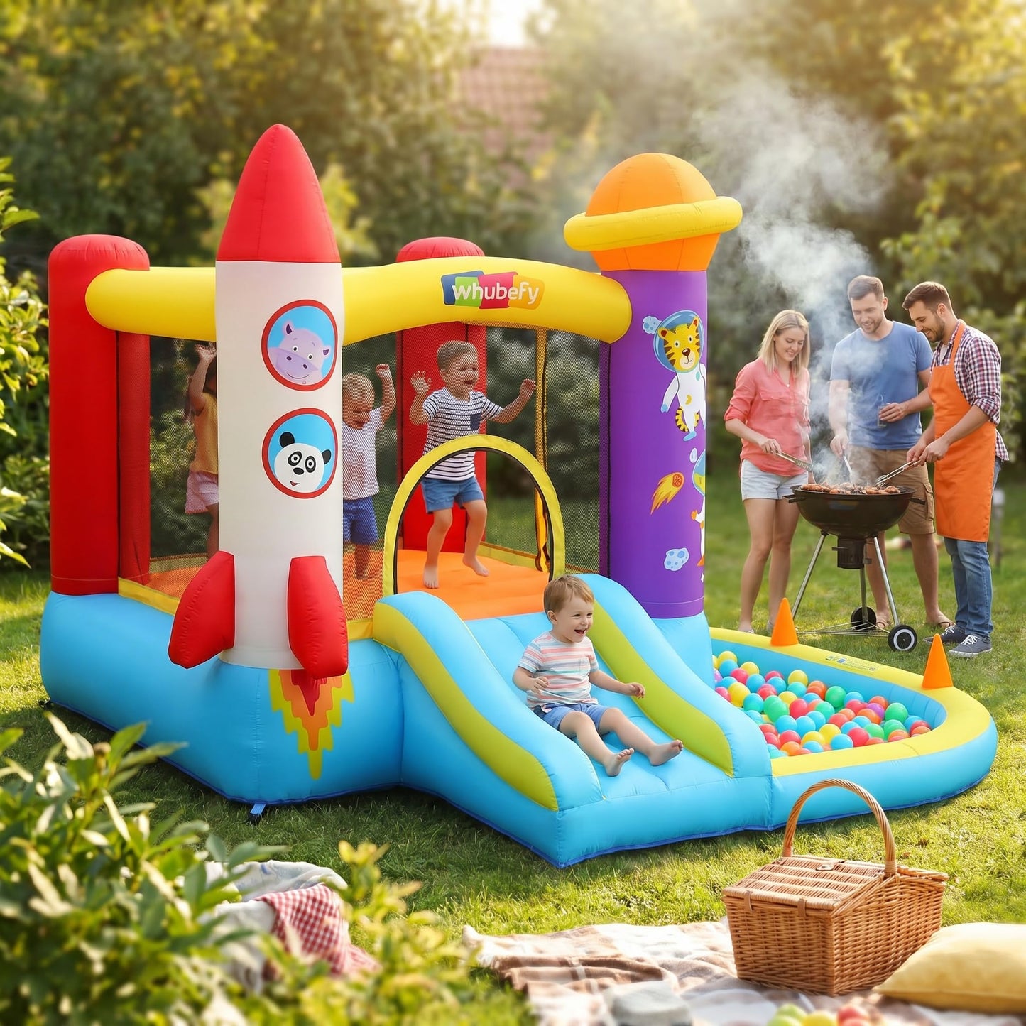Whubefy Inflatable Bounce House for Kids 3-6, Bouncy House with Ball Pit Pool, Jumping Castle with Blower for Kids,Space Theme Play House 112x98.4 in