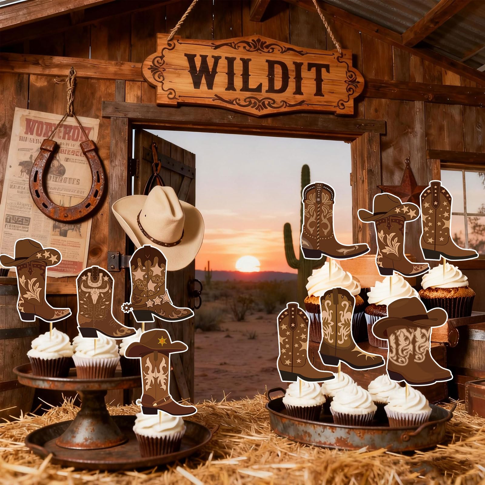 48pcs Cowboy Boots Cupcake Toppers Cowboy Cowgirl Western Rodeo Cupcake Toppers Western Cake Decorations for Rodeo Birthday Party Decorations Cowgirl