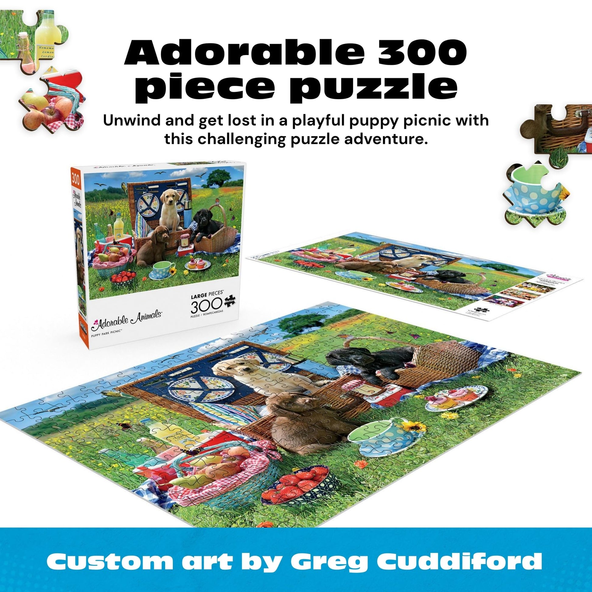 Buffalo Games - Adorable Animals Puppy Park Picnic 300 Large Piece Jigsaw Puzzle for Adults with Oversized Pieces