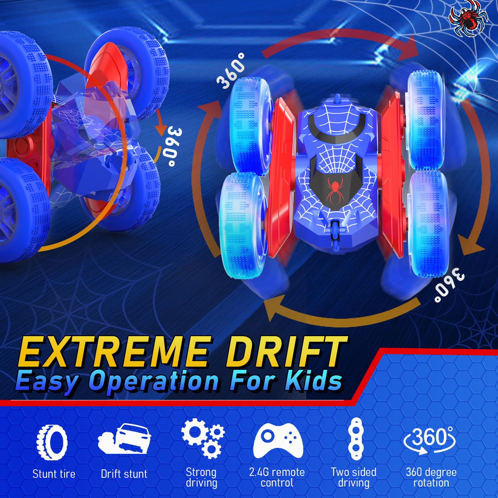 NQD Spider Remote Control Car- Double Sided 360°Rotate RC Stunt Car with Wheel Lights, 4WD Off-Road RC Cars 2.4Ghz Indoor/Outdoor Rechargeable Toy Car