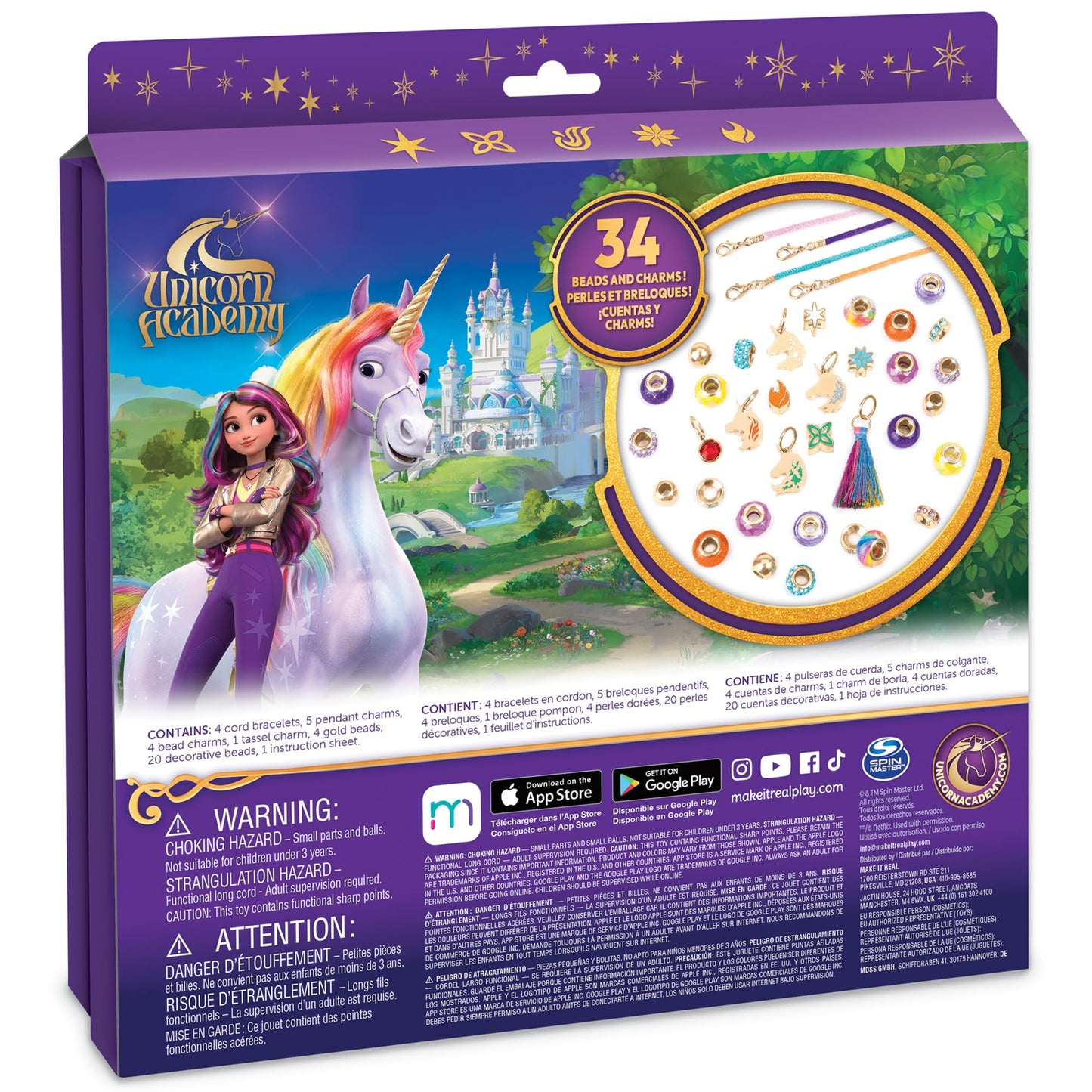 Make It Real: Unicorn Academy: Enchanting Unicorn Charms Bracelet Kit - 39pc DIY Jewelry Craft, Make 4 Charm & Bead Bracelets, Netflix Series, Kids 8+