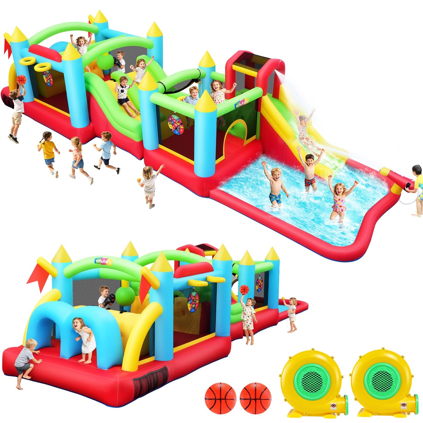AKEYDIY Inflatable Water Slide Bounce House with 2 x Blowers Obstacle Course for Big Kids 3-12, Giant 29FT Backyard Water Park with Slides, Basketball