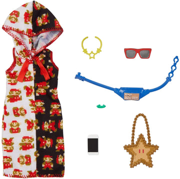 Barbie Fashion Pack of Doll Clothes Inspired by Super Mario, Collectible Set Includes Hoodie Dress & 6 Accessories