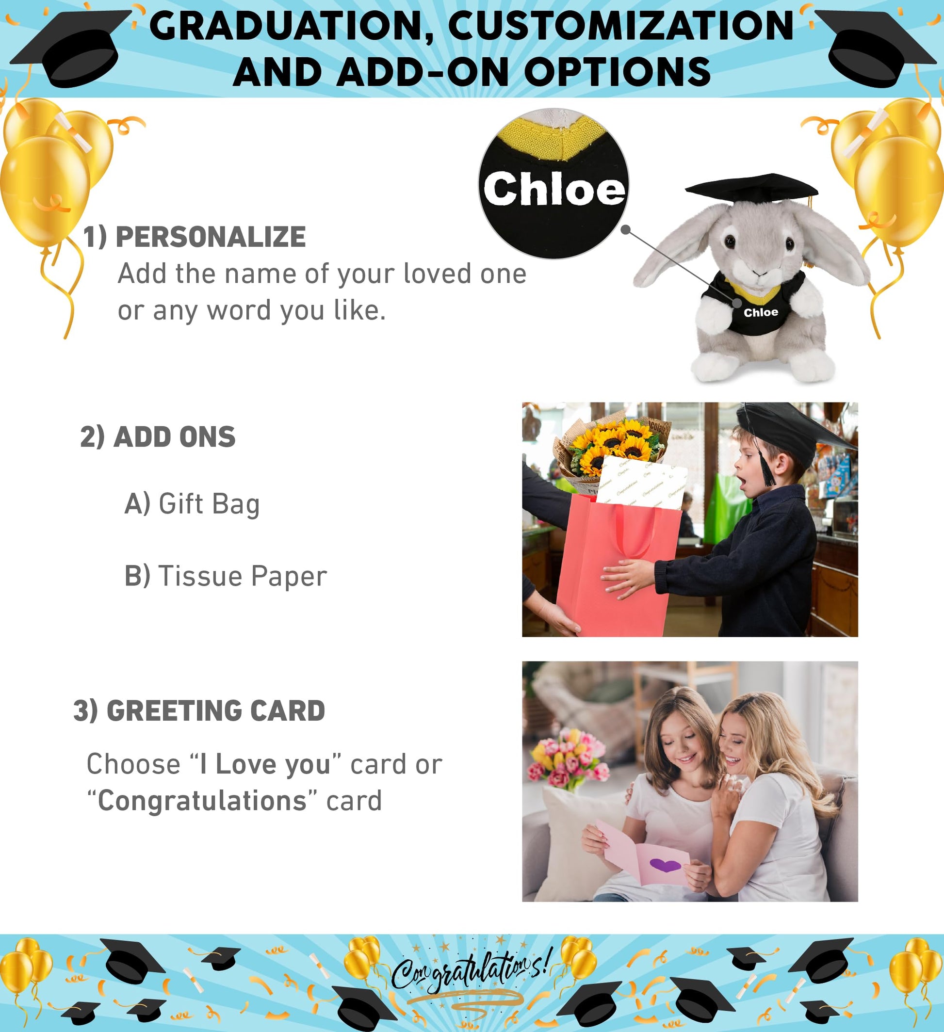 DolliBu Grey Rabbit Graduation Plush Toy - Soft Huggable Graduation Stuffed Animal Dress Up with Gown and Cap with Tassel Outfit with Personalization