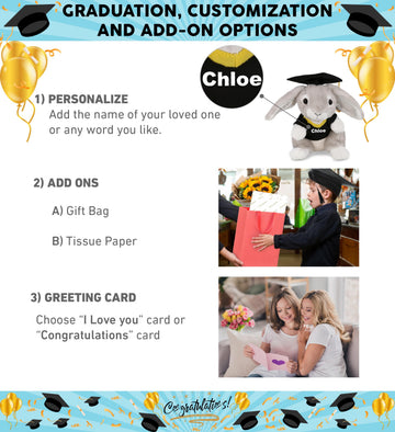 DolliBu Grey Rabbit Graduation Plush Toy - Soft Huggable Graduation Stuffed Animal Dress Up with Gown and Cap with Tassel Outfit with Personalization