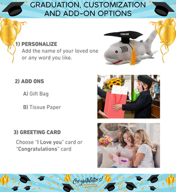 DolliBu Gray Shark Graduation Plush Toy - Baby Soft Plush Graduation Stuffed Animal Dress Up with Graduation Cap with Tassel Outfit - Gift