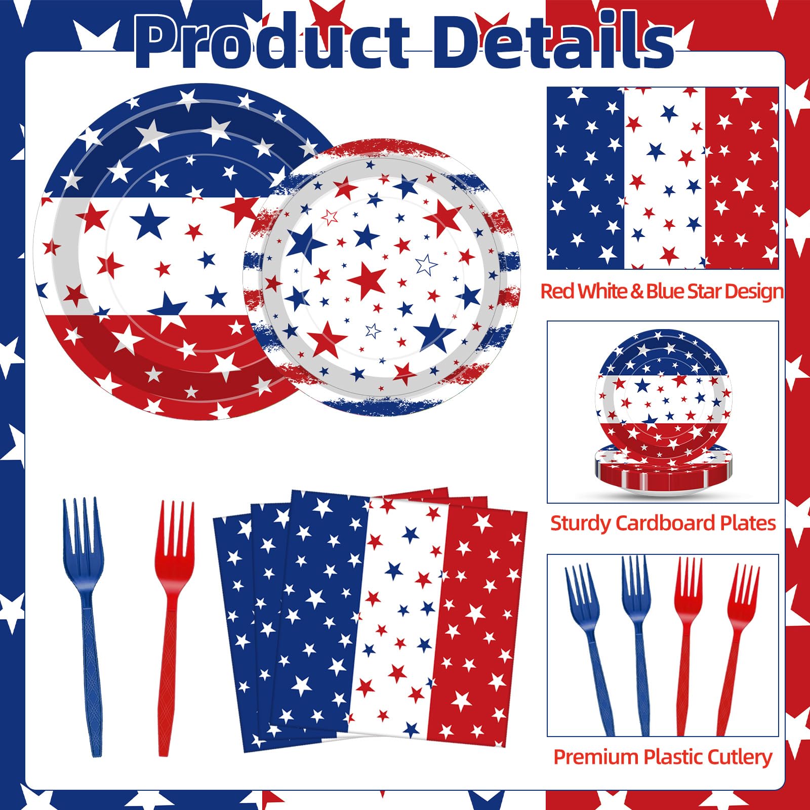 100 Pcs Patriotic Party Supplies Set, Serves 25 - Disposable Red White Blue Star Paper Plates, Napkins, and Forks, American Flag Themed Tableware